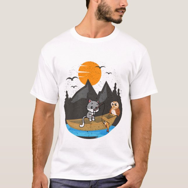 Cute Cat And Owl Fishing Boat Nature Art T-Shirt (Front)