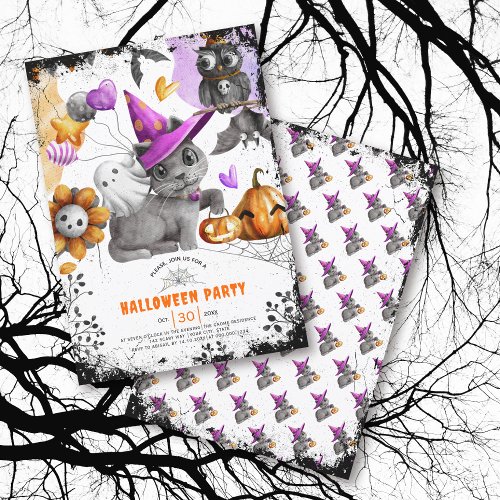 Cute cat and owl Halloween party invitation