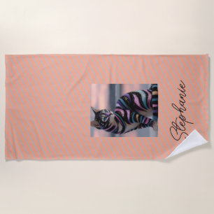 Cute Cat and Personalized Name Design Beach Towel