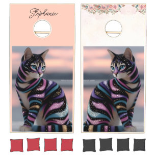 Cute Cat and Personalized Name Design Cornhole Set