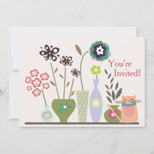 Cute Cat and Potted Flowers Baby Shower Invitation