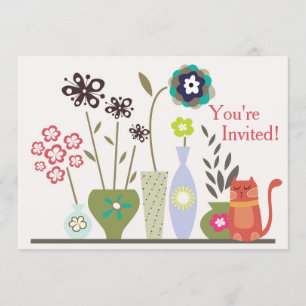 Cute Cat and Potted Flowers Birthday Invitation