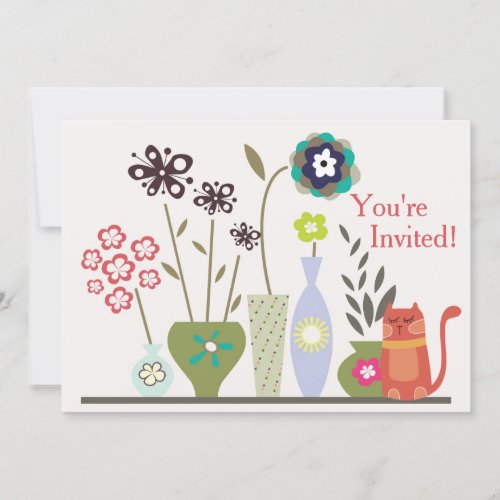 Cute Cat and Potted Flowers Birthday Invitation
