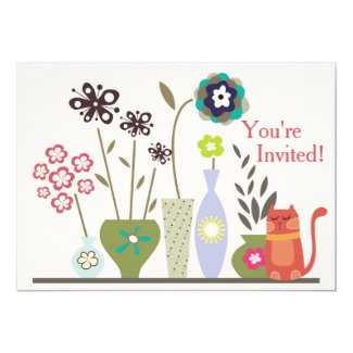 Cute Cat and Potted Flowers Birthday Invitation