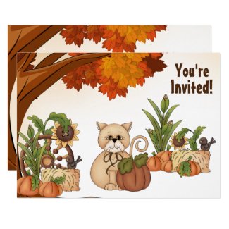 Cute Cat and Pumpkin Autumn Birthday Invitation