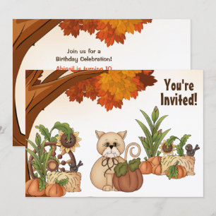 Cute Cat and Pumpkin Autumn Birthday Invitation