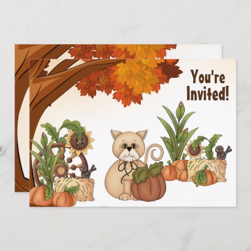 Cute Cat and Pumpkin Autumn Birthday Invitation