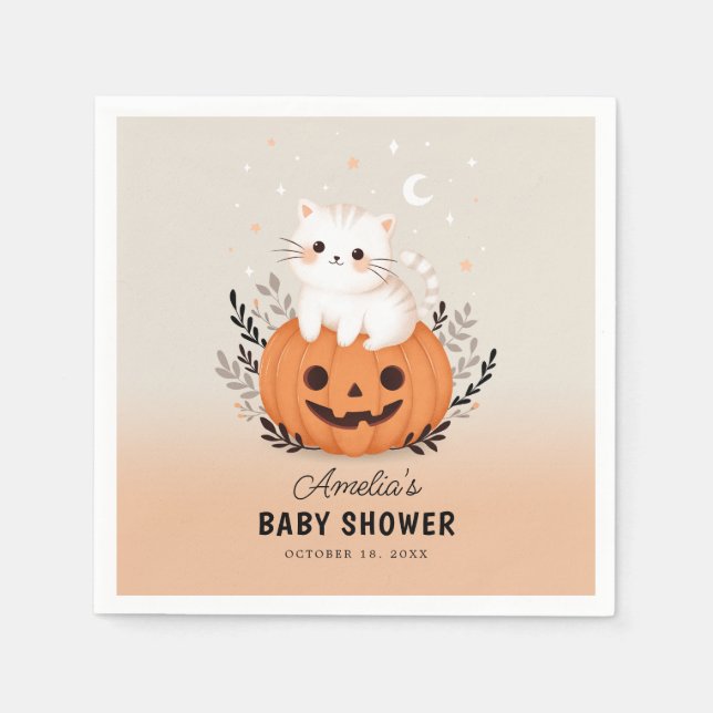 Cute Cat and Pumpkin Halloween Baby Shower Napkins (Front)