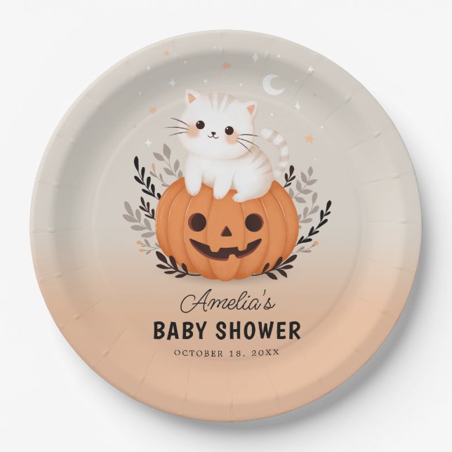 Cute Cat and Pumpkin Halloween Baby Shower Paper Plates (Front)