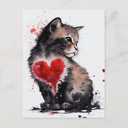 Cute cat and red heart watercolor love card  