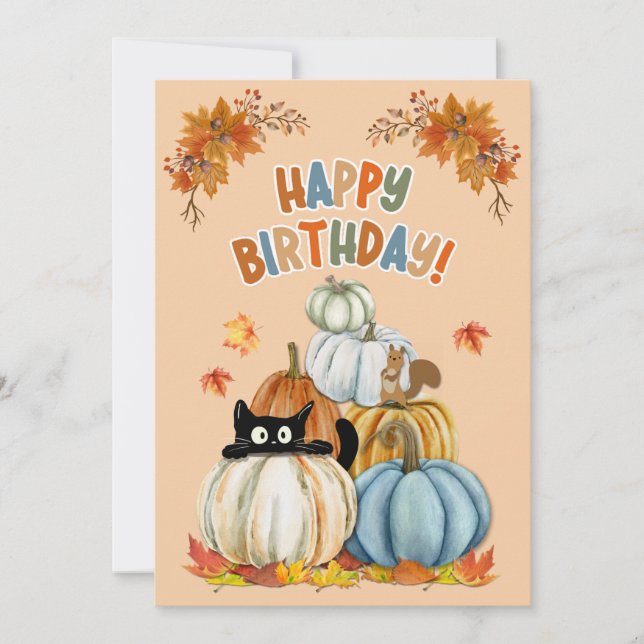 Cute Cat and Retro Pumpkins Fall Birthday Holiday Card (Front)