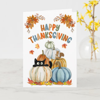 Cute Cat and Retro Pumpkins Happy Thanksgiving Card