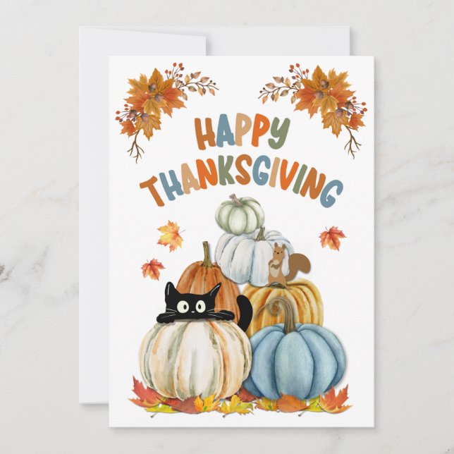Cute Cat and Retro Pumpkins Happy Thanksgiving  Holiday Card (Front)