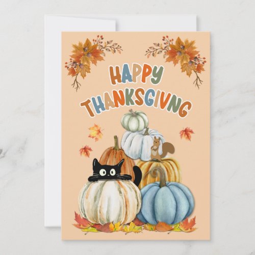 Cute Cat and Retro Pumpkins Happy Thanksgiving  Holiday Card