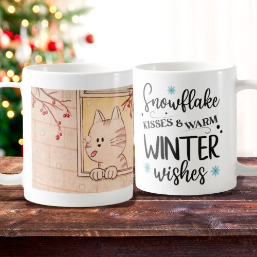 Cute Cat and Snowflake Mug Winter Holiday Mug 