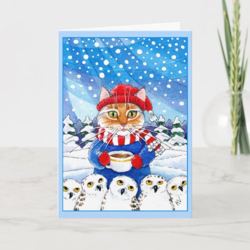 Cute cat and snowy owls Christmas winter card