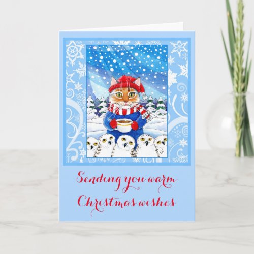 Cute cat and snowy owls Christmas winter card