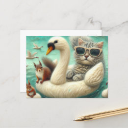 Cute Cat and Squirrels Woolen Swan Boat Postcard