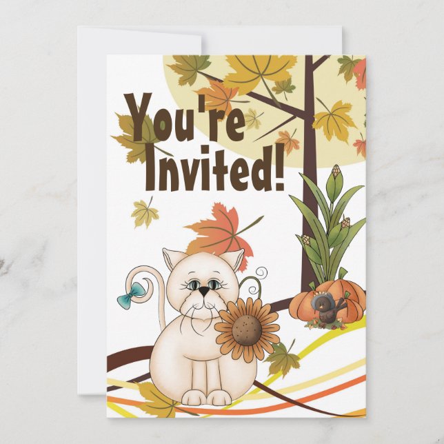 Cute Cat and Sunflower Autumn Birthday Party Invitation (Front)