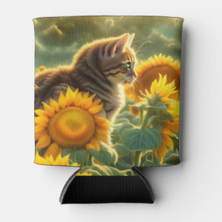 Cute Cat and Sunflower  Can Cooler