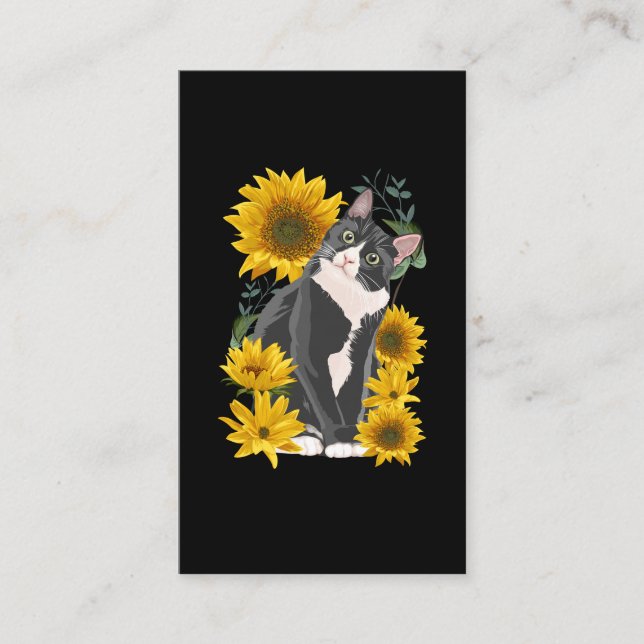 Cute Cat and Sunflowers Garden Feline Love Business Card (Front)