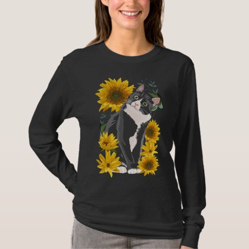 Cute Cat and Sunflowers Garden Feline Love T_Shirt