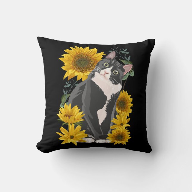 Cute Cat and Sunflowers Garden Feline Love Throw Pillow (Front)
