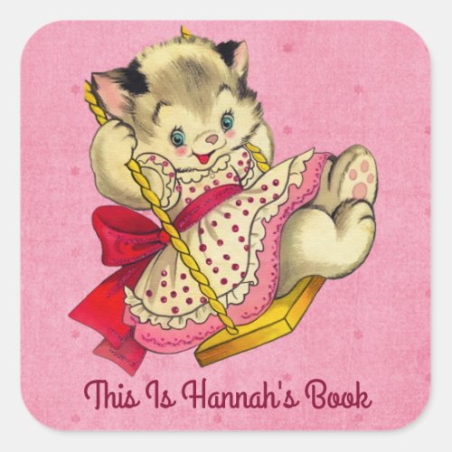 Cute Cat And Swing Vintage Style Bookplate