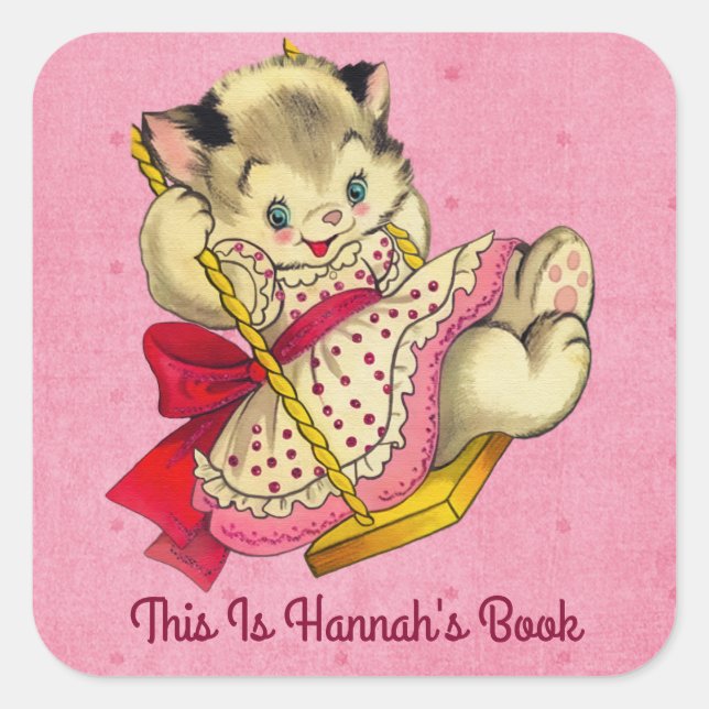 Cute Cat And Swing Vintage Style Bookplate (Front)