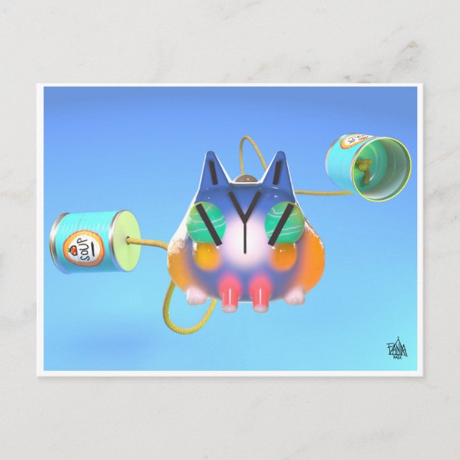 Cute cat and tin can telephone postcard (Front)