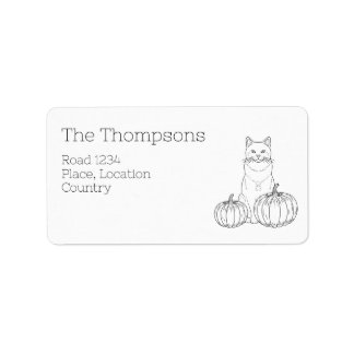 Cute Cat And Two Festive Pumpkins Autumn Line Art Label