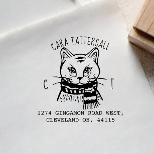 Cute Cat Animal Monogram & Name Return Address Rubber Stamp