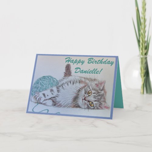 Cute Cat Art Greetings Birthday Card Womans Name