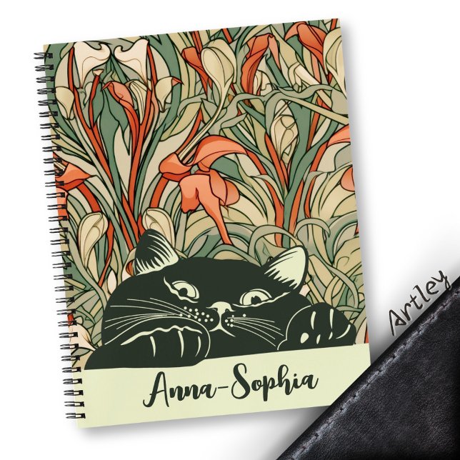 Cute Cat Art Nouveau Floral Pattern Custom Name  Notebook (Creator Uploaded)