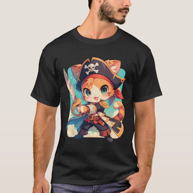 Cute Cat As Pirate Kawaii Anime  T-Shirt (Front)