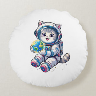 Cute Cat Astronaut Holding Earth Cartoon Space Art Round Pillow