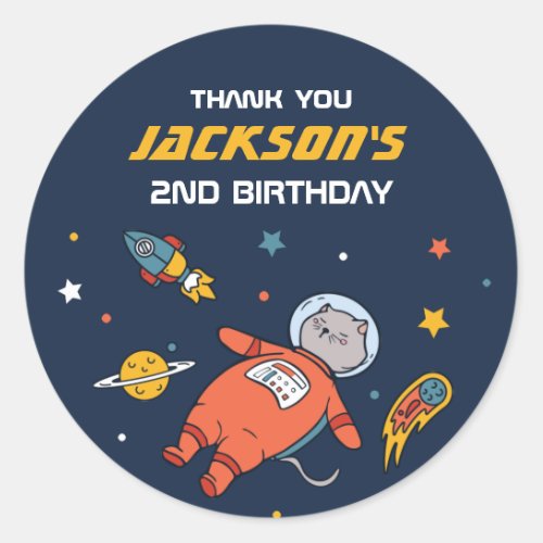 Cute Cat Astronaut Outer Space Kids Birthday Party Classic Round Sticker