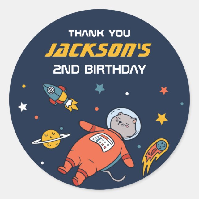 Cute Cat Astronaut Outer Space Kids Birthday Party Classic Round Sticker (Front)