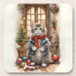 Cute Cat at Christmas Jacket and Scarf Beverage Coaster