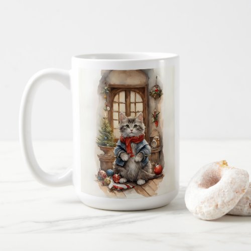 Cute Cat at Christmas Jacket and Scarf Coffee Mug