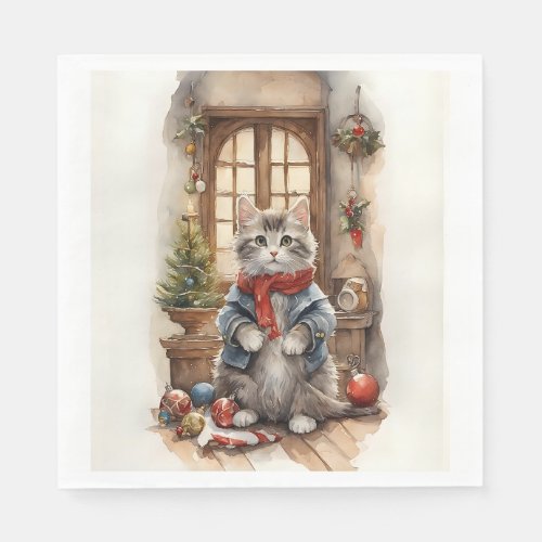 Cute Cat at Christmas Jacket and Scarf Napkins