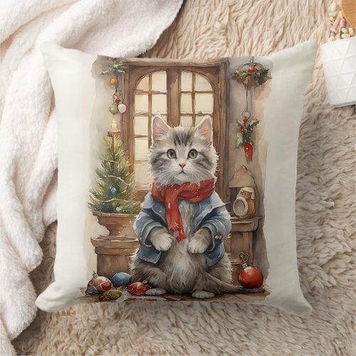 Cute Cat at Christmas Jacket and Scarf Throw Pillow