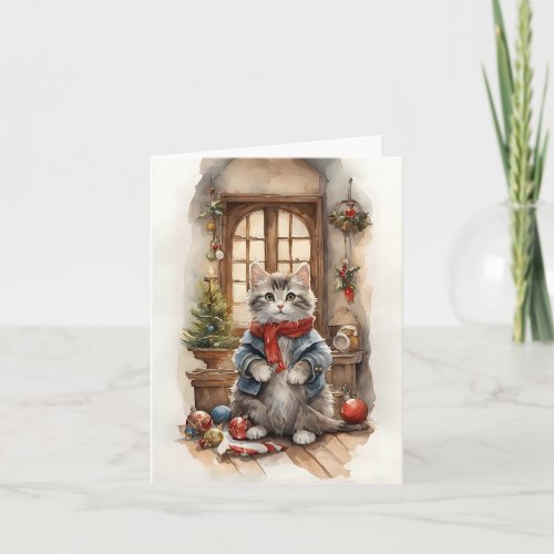 Cute Cat at Christmas Jacket Scarf Blank Christmas Card