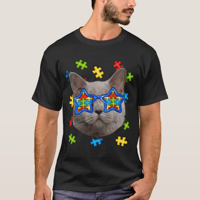 Cute Cat Autism Puzzle Sunglasses Puppies Owners T-Shirt (Front)