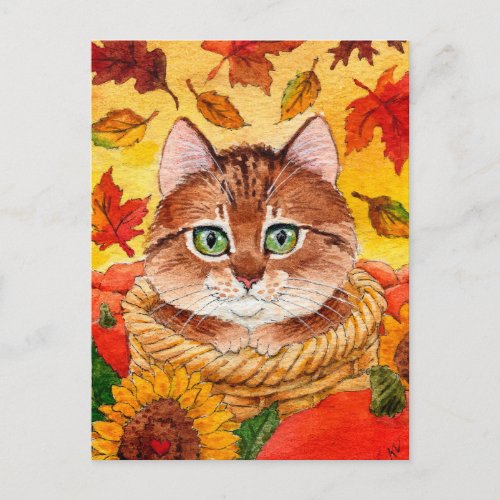 Cute Cat Autumn Fall Basket Pumpkins postcard