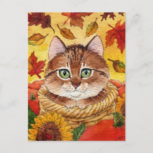 Cute Cat Autumn Fall Basket Pumpkins postcard (Front)
