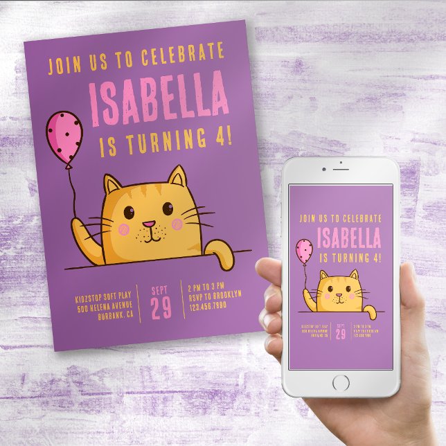 Cute Cat Balloon Birthday Party Invitation (Creator Uploaded)