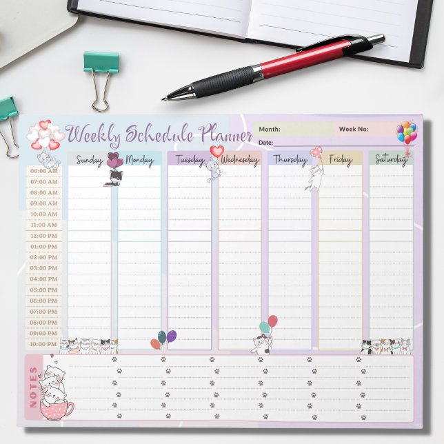 Cute Cat Balloon Weekly Schedule Planner Notepad (Creator Uploaded)