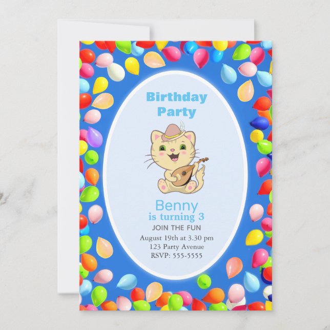 Cute Cat & Balloons 3rd Birthday Party Invitation (Front)