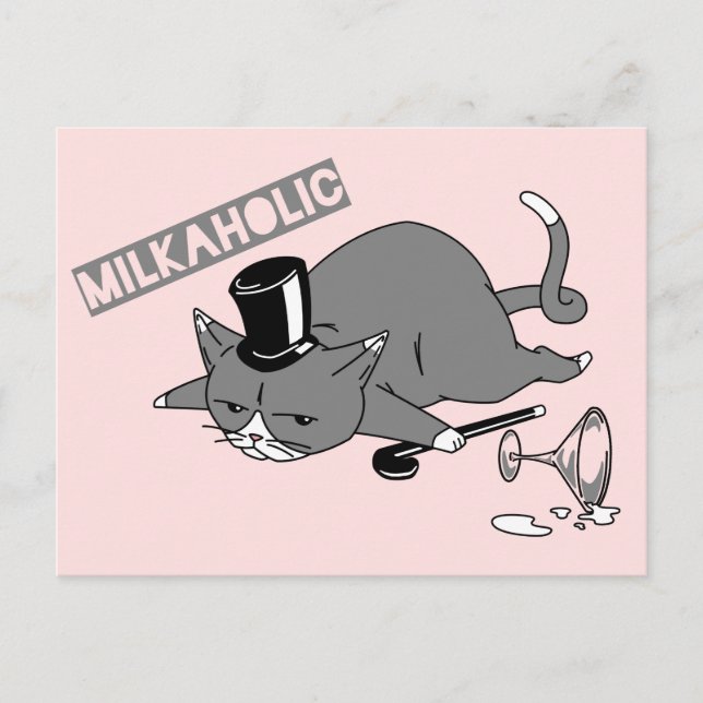 Cute Cat Baron Pun Illustration | "Milkaholic" Postcard (Front)